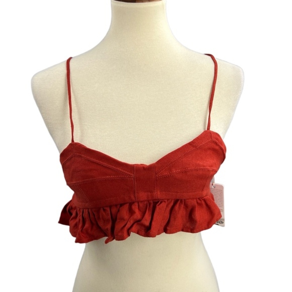 Agua Bendita Crop Top Red Linen Blend Boho Ruffle Hem Mae Praia Medium New